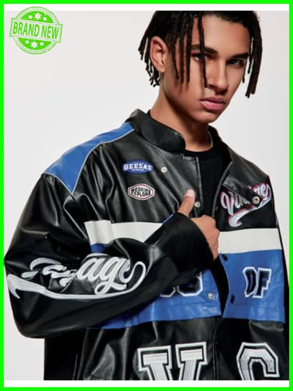 Oversized Leather Letterman Varsity Jacket Vintage Racing Bomber Coat